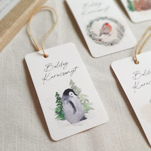 Karácsonyi ajándékkísérő kártya pingvines